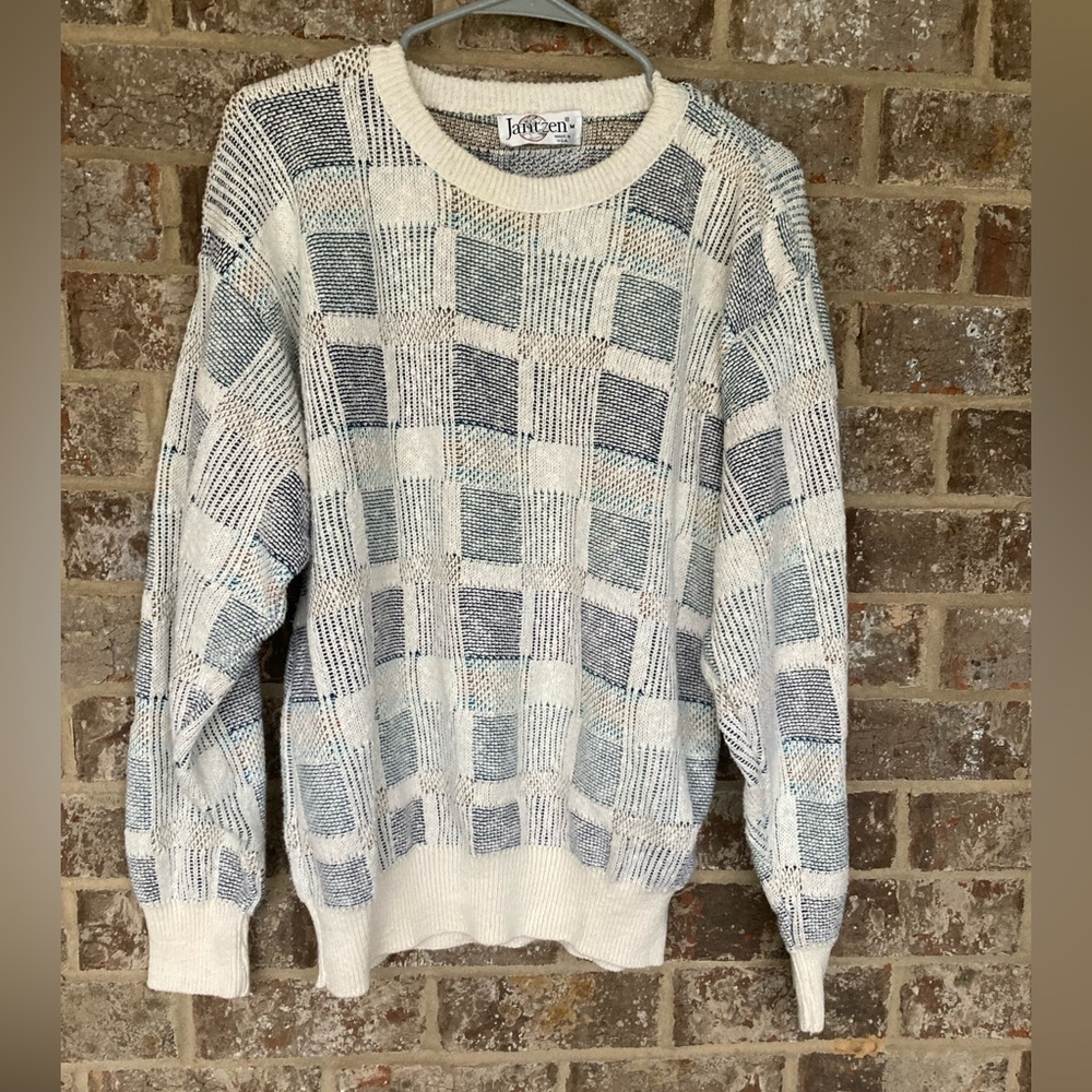 Vintage Jantzen Sweater Mens Size Medium Color blocked cream blue